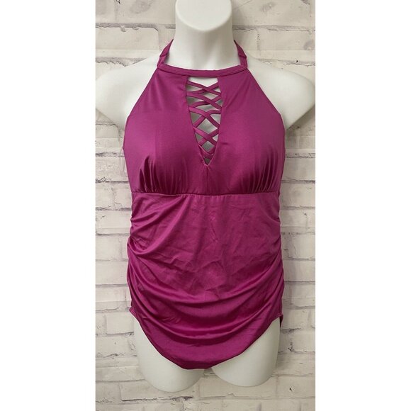 Swim By Cacique Size 16 Lightly‎ Lined No Wire Pink High Neck One Piece Swim New - Picture 1 of 12